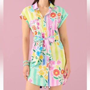 Ālivia Floral Stripe Tie-Waist Mini Shirt Dress cotton